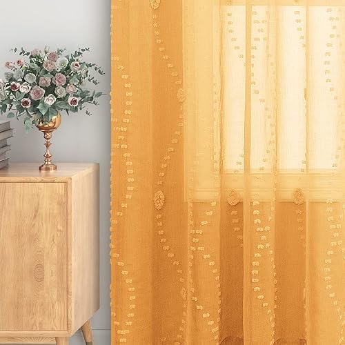 KOUFALL Juego de 2 paneles de 108 pulgadas de largo, con diseño de pompones, cortinas transparentes para ventana de sala de estar y dormitorio,