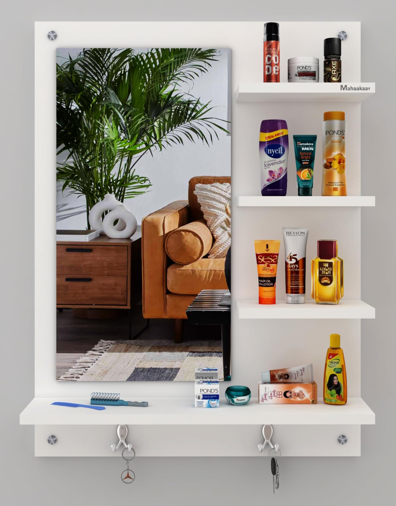 Mahaakaay Engineered Wood Wall Mounted Dressing Mirror with Shelves Unframed Mirror for Living Room Bedroom White-image-15