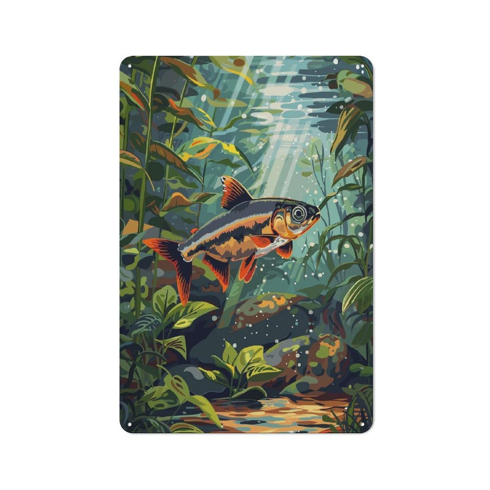 Garage Style Fish in Lush Underwater World Retro Metal Sign 30x20cm, Workshop Wall Decor for Workshop, Basement, Shed Or Games Room
