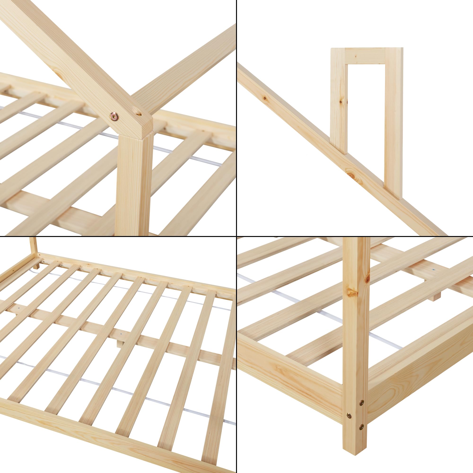 [en.casa] Kinderbett Siuntio Kleindkindbett in Haus-Optik Bodenbett Montessori Bett Hausbett Bettgestell aus Kiefernholz Abenteuerbett 140x200cm Natur