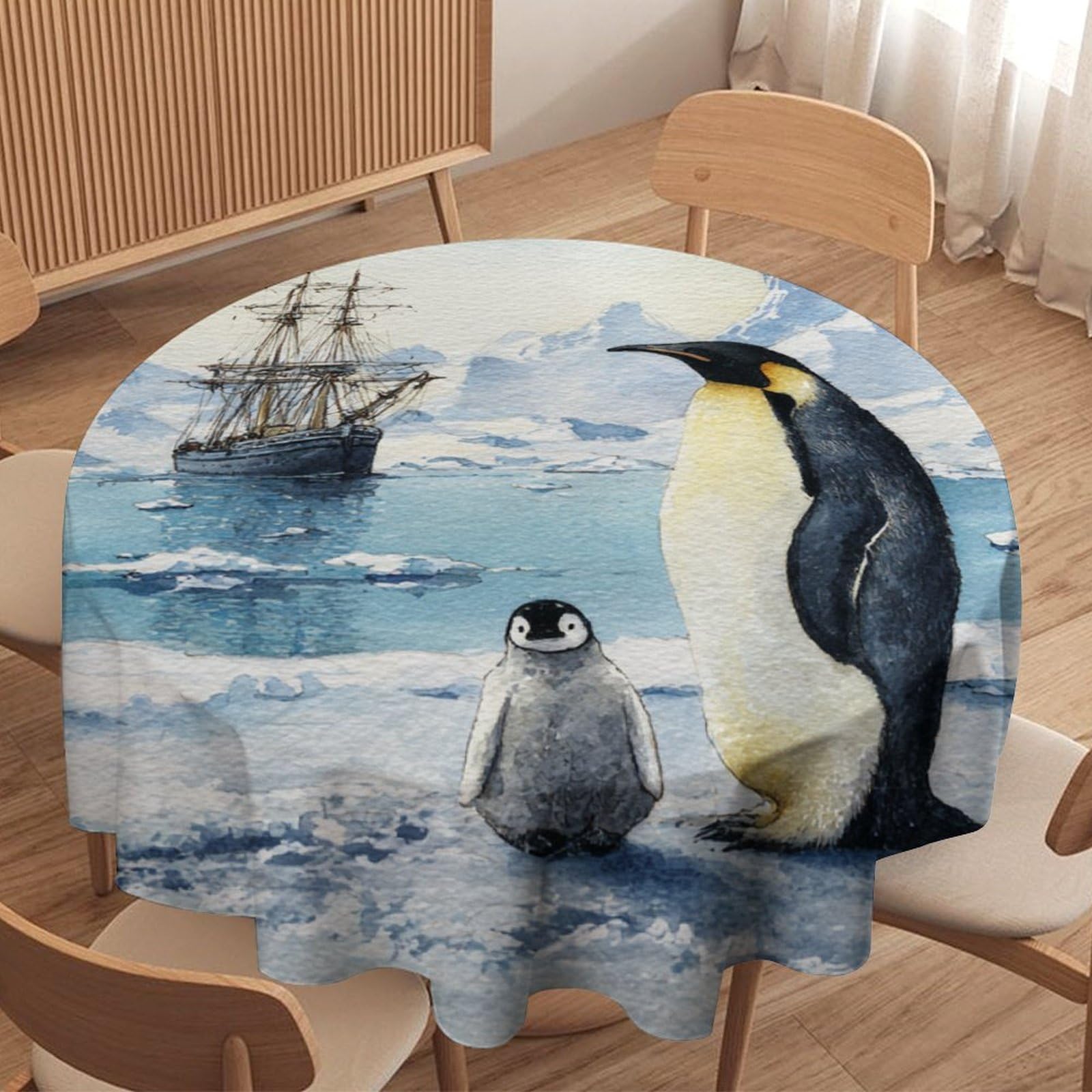 LUYYSKY Classic Retro Cute Penguin Round Tablecloth Beautiful Funny Antarctic Pirate Ship Animal Penguin Washable Decor for Table Cover for Kitchen-152.4" Wx152.4 L cm