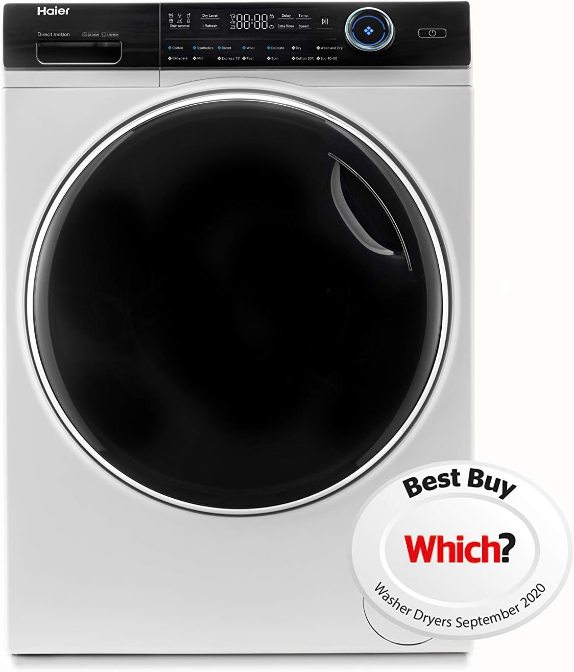 Haier HWD120-B14979 Freestanding Washer Dryer, Direct Motion and LED Display, 1400RPM, 12kg/8kg Load, White [Energy Class E]