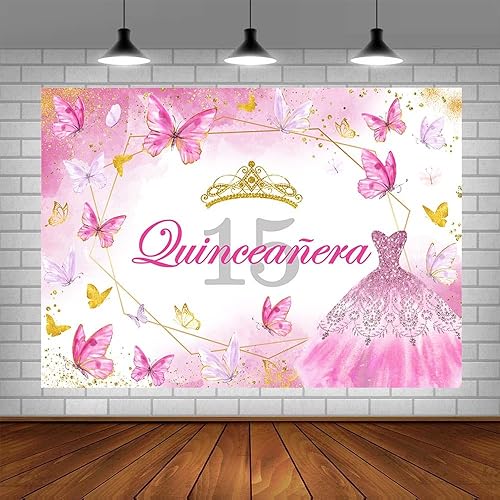 Miniatura 3 de AIBIIN Telón de fondo de quinceañera de 15 cumpleaños de 7 x 5 pies para niñas dulces, rosa intenso, mariposa, fondo de 15 cumpleaños, fotografía,
