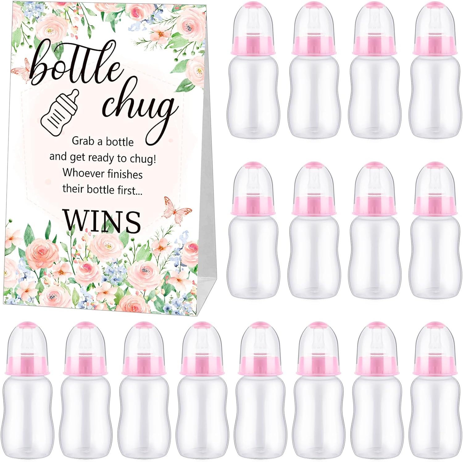TrelaCo Bottle Chug Baby Shower Game 20 Pcs Baby Bottles Shower Favor with 1 Flowers Theme Sign for Gender Reveal Party Supplies Gifts(Pink)
