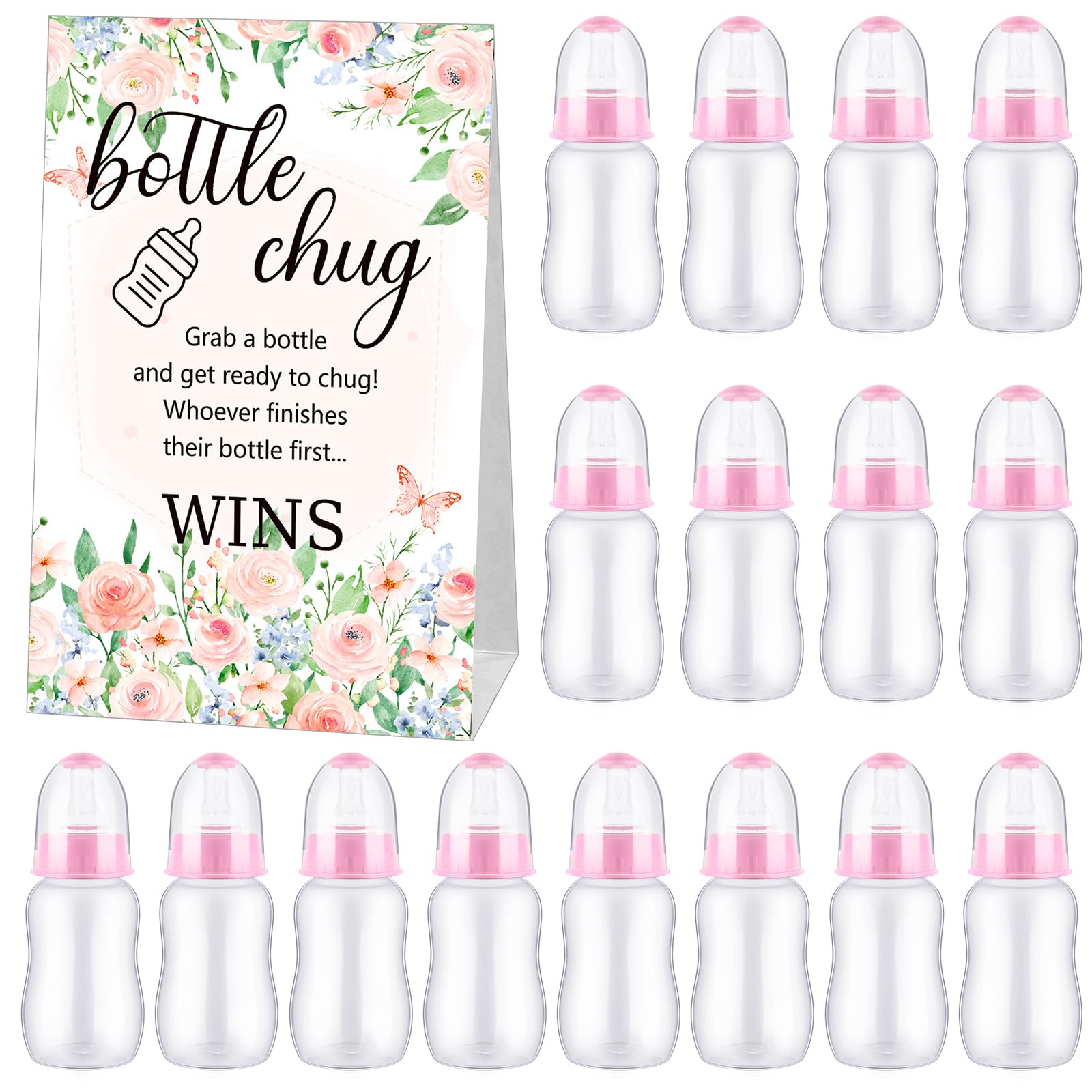 Photo 1 of TrelaCo Bottle Chug Baby Shower Game 20 Pcs Baby Bottles Shower Favor with 1 Flowers Theme Sign for Gender Reveal Party Supplies Gifts(Pink)