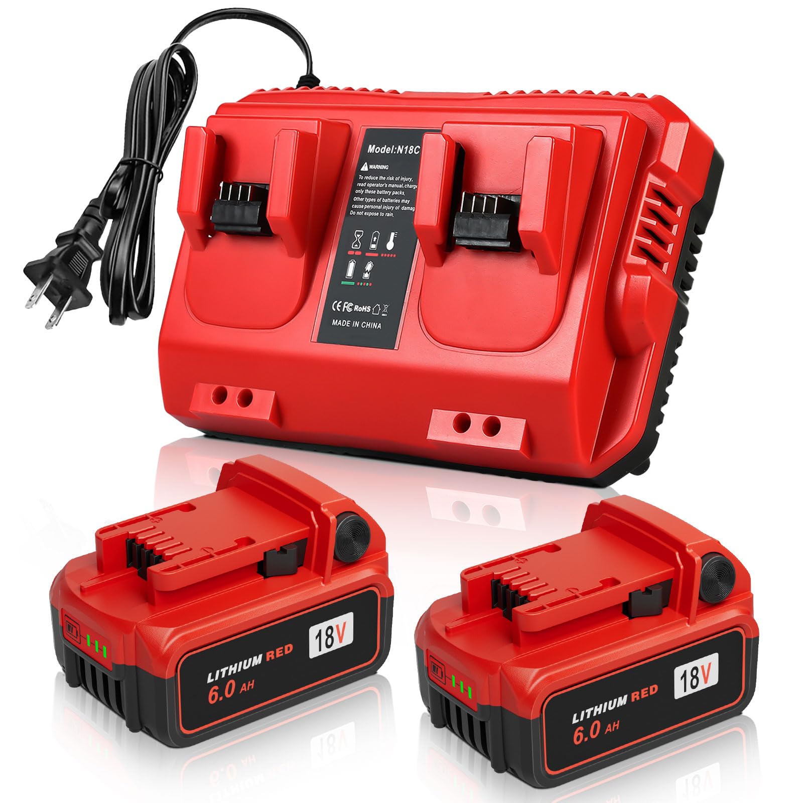 Upgraded 18V 6.0Ah Batteries Replacement for Milwaukee M-18 Battery 2Pack and 1 Charger Set(2-Port)