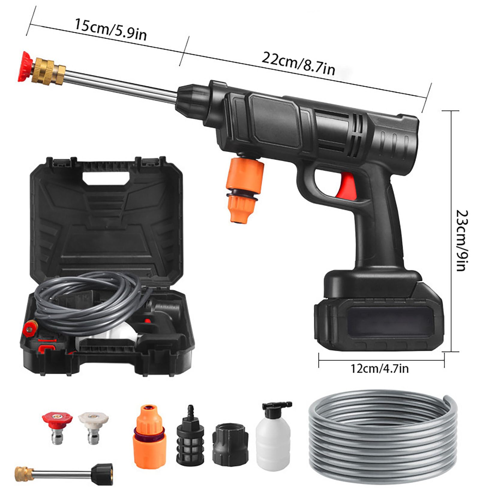 Hidrolimpiadora portátil inalámbrica: limpiadora de Alta presión de Mano con Boquilla Ajustable 6 en 1 y cañón de Espuma. Incluye batería. Ideal para Coches, Jardines 5 Meters