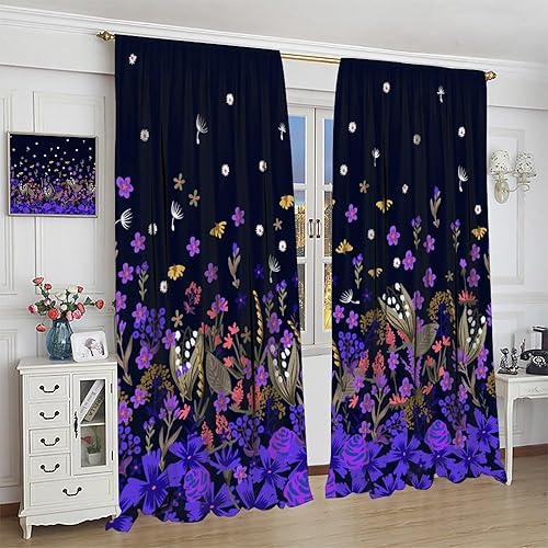 Miniatura 259 de Retro 70s Floral Blackout Window Curtains, Watercolor Flower Plant Rustic Modern Style Pattern Window Drapes, for Bedroom Living Room 42x45in 2