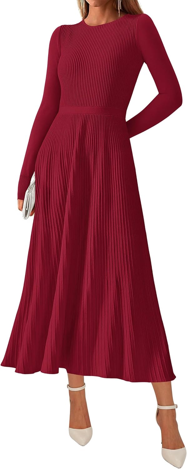 KIRUNDO Women Sweater Dress Holiday Ribbed Knit Long Sleeve Slimming Maxi Dress Fall Pleated Elegant A Line Winter Dresses
