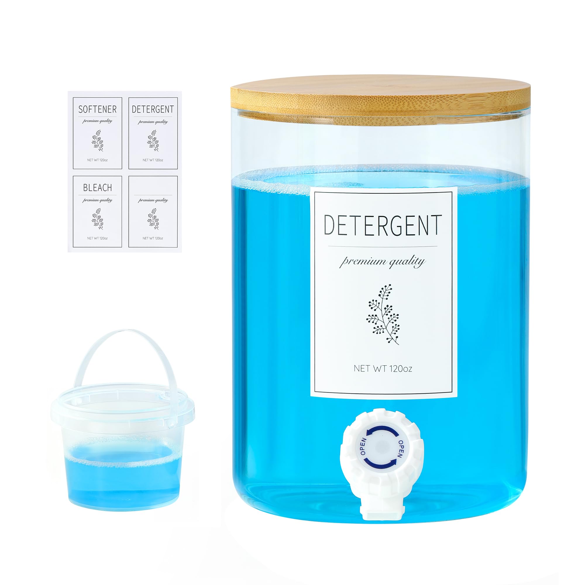 1 Glass Laundry Detergent Dispenser with Bamboo Lid - 120 Oz Liquid Detergent, Laundry Soap & Fabric Softener Dispenser for Laundry Room Organization and Storage with 1 Cups & 4 Labels