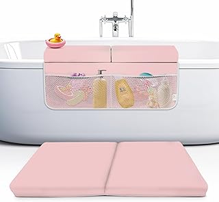 Memory Foam Bath Kneeler and Elbow Rest Pad Set, 2-Inch Thick, Water-Resistant Mat – Baby Bath Time Essentials Cushion and Bath Kneeling Pad for Bathing Baby with Bathtub Toy Organizer (Pink)