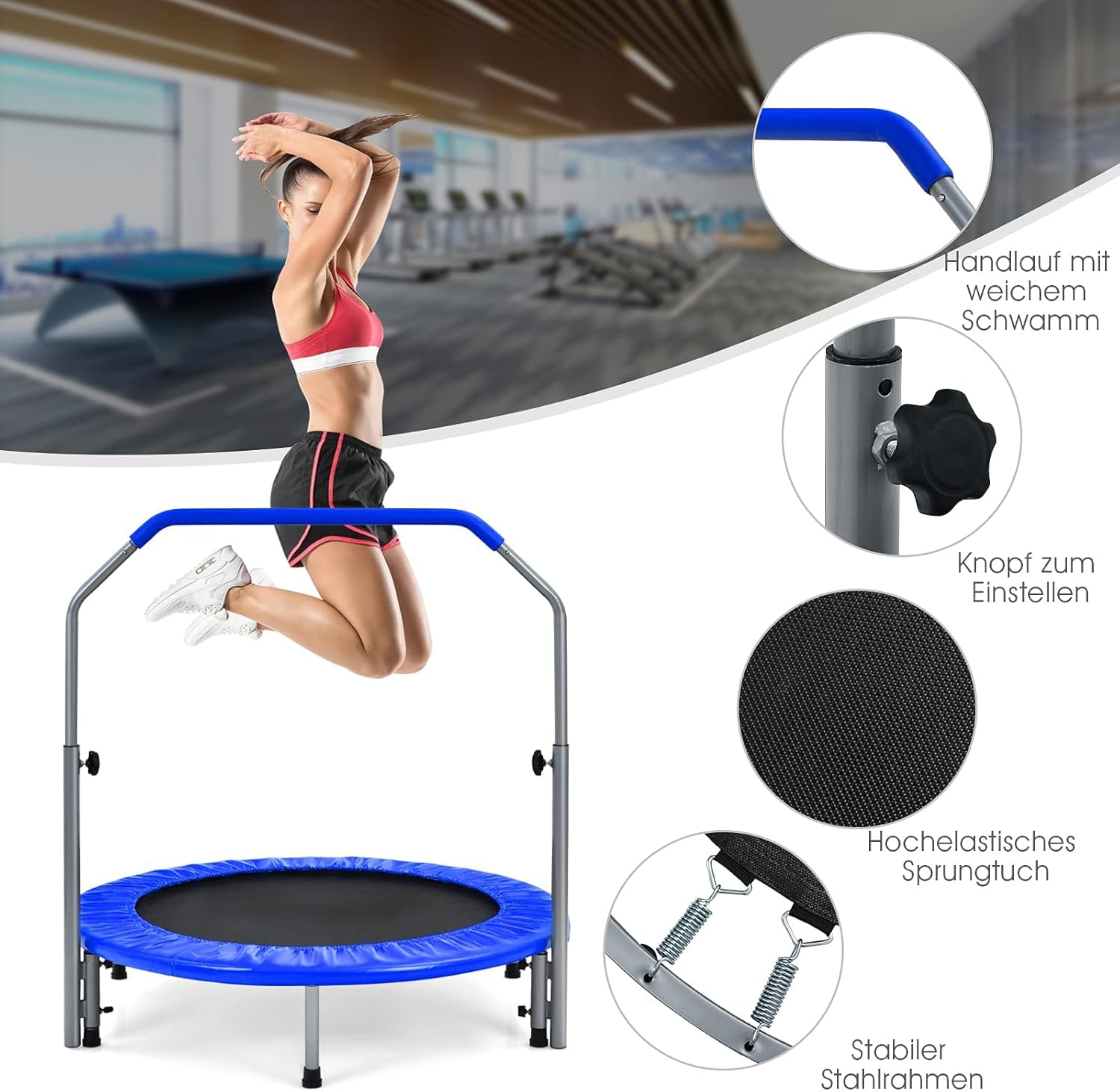 FANTASK φ101 cm mini trampolina, obciążenie do 150 kg, składana, trampolina ogrodowa dla dorosłych i dzieci, z uchwytem o regulowanej wysokości