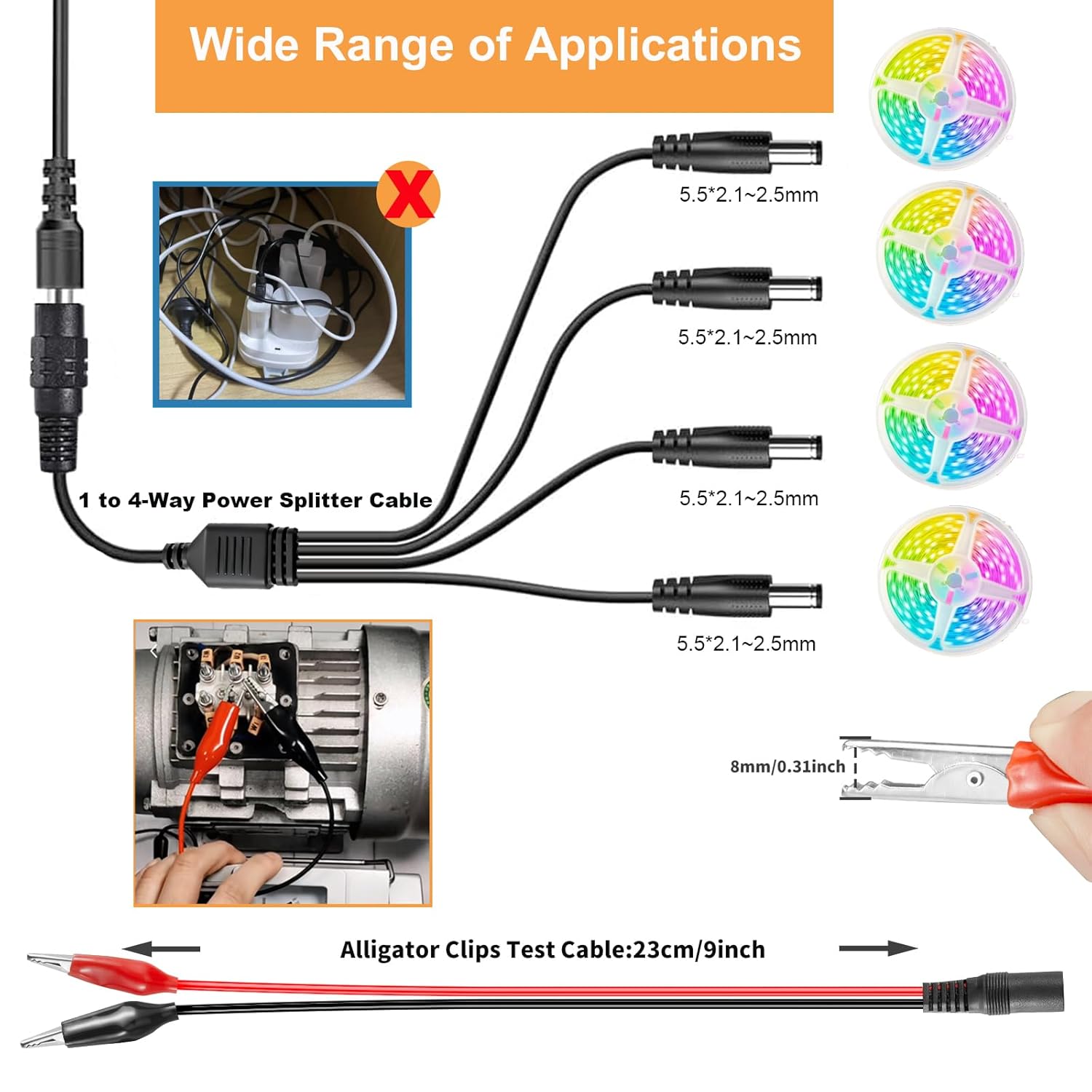 3~12V 12A Universal Power Supply Adjustable 144W 100V-240V AC/DC Power Adapter with 14 Tips&Polarity Converter&1to4-Way Power Splitter Cable&Alligator Clip Test Lead, 3~12V12A10A8A6A5A3APower Supply