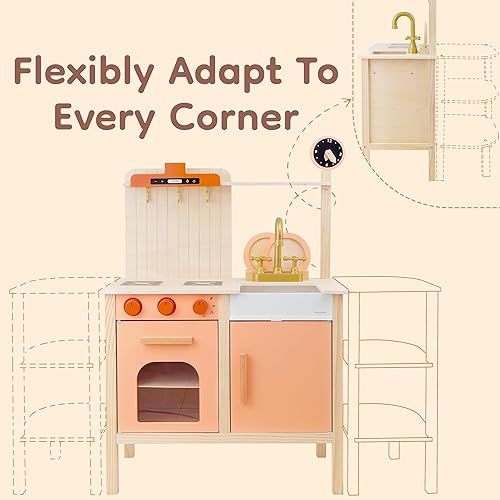 Miniatura 2 de Cocina de madera 2 en 1 con estante de almacenamiento, juego de cocina para niños con fregadero, estufa, microondas y 8 accesorios, juguete de