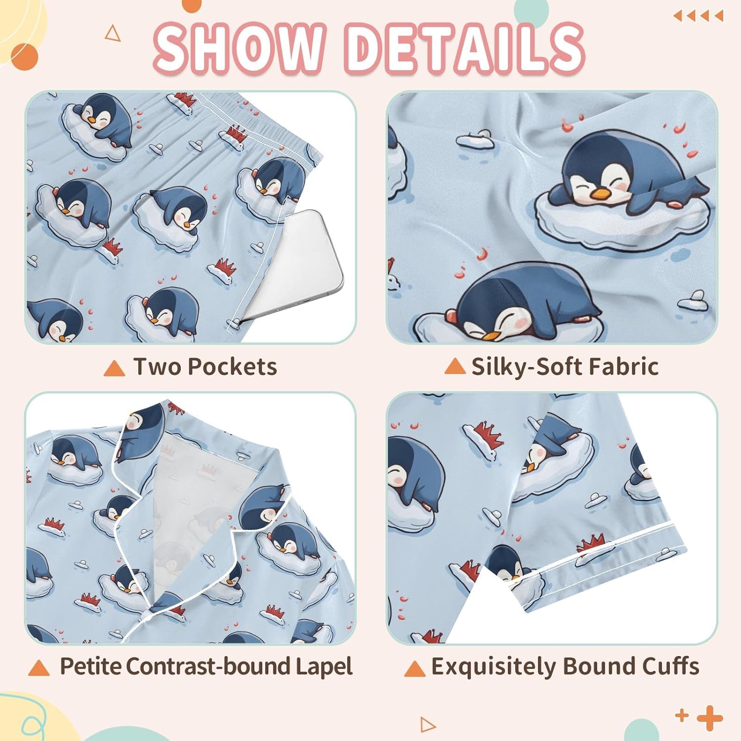 Kids Satin Wear Set Penguin Winter Pattern Relaxing Clothing Short Sleeve and Shorts