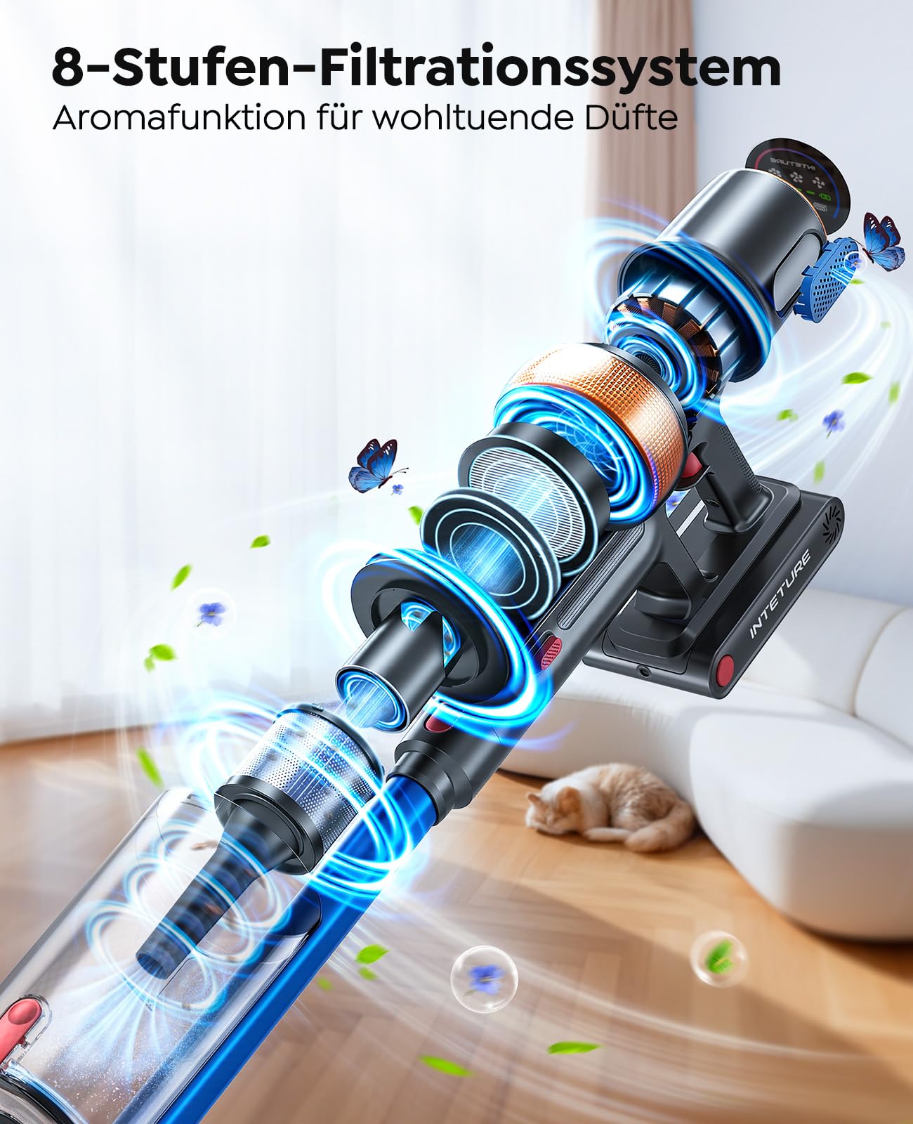 Akku Staubsauger 600W/50KPA/65Min,Selbststehender Staubsauger Kabellos mit Matratzenreinigungsbürste,Automatikmodus,Wandladestation,Duftfunktion,Mehrstufige Filtration für Teppiche/Hartböden/Auto