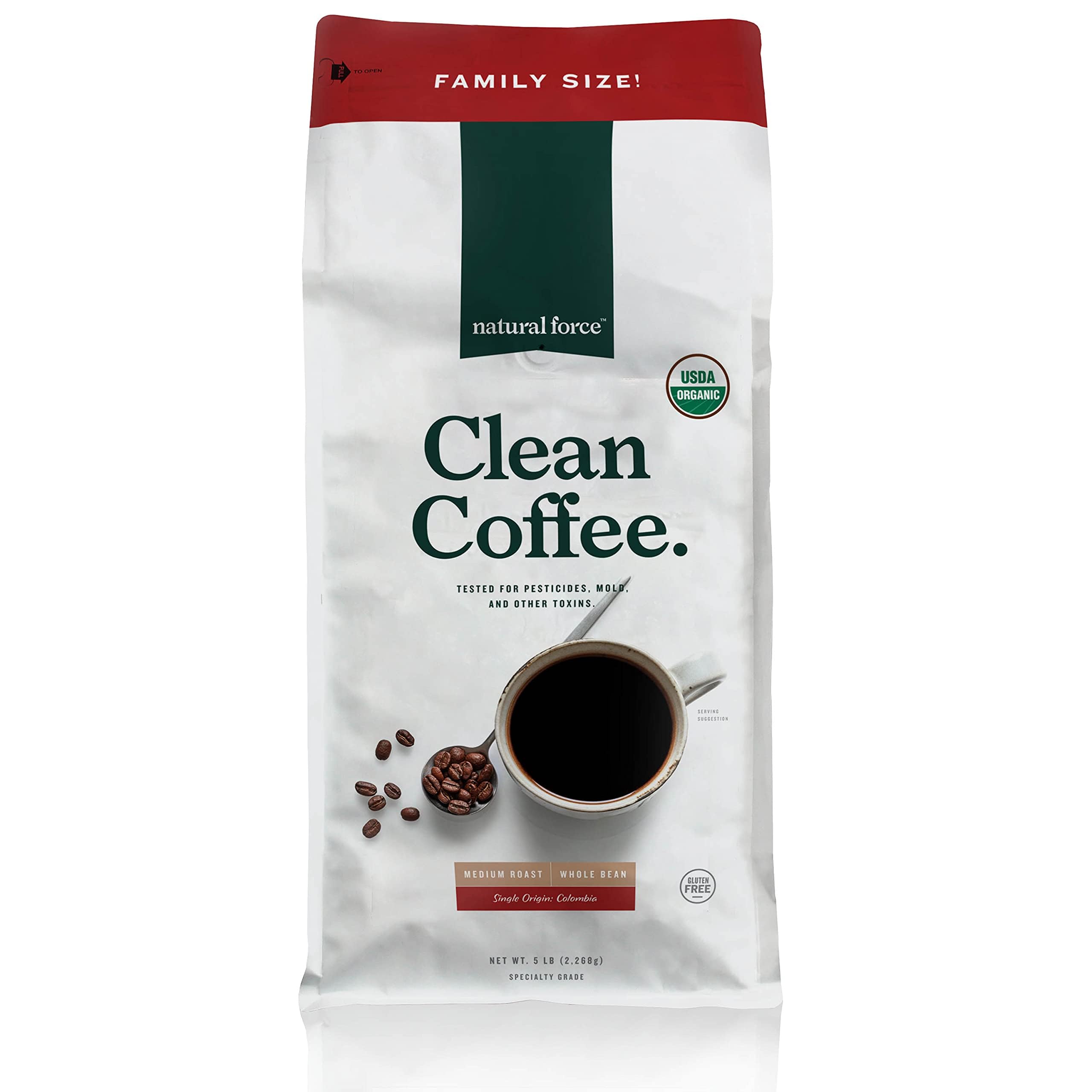 Bulk Natural Force Organic, Mold Free Clean Coffee – Low Acid, Whole Bean, Rainforest Alliance Certified Medium Roast - Great Taste + Aroma - Tested for Toxins and Powered by Purity - 5 Pound Bag