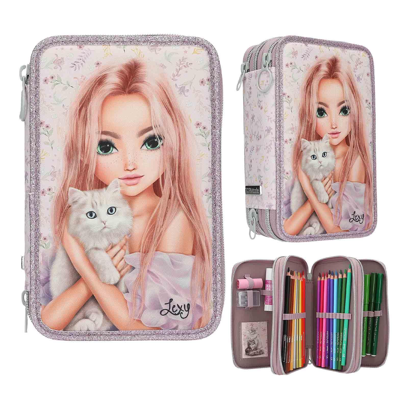 Depesche – TOPModel Blooming Kitty – Schulrucksack und 3-Fach-Federtasche, mit Model-Katze-Motiv und Blumenmuster, Schultasche mit verstellbaren Trägern, Federmappe mit Buntstiften, Schere, Lineal UVM