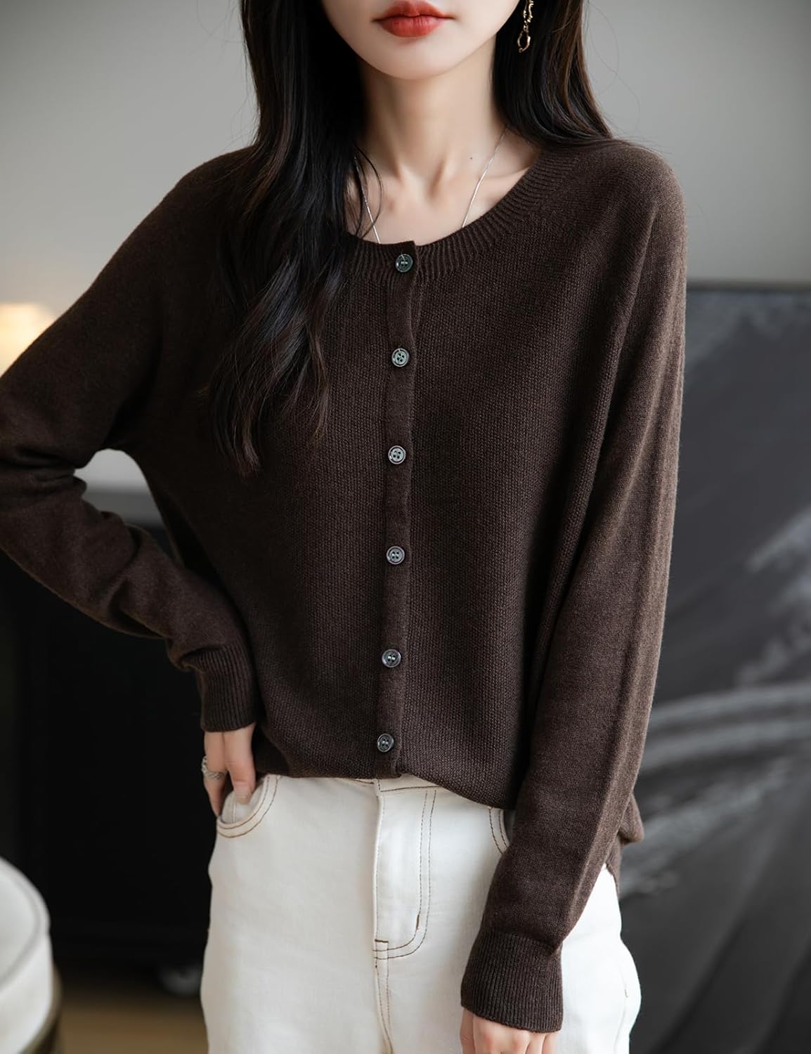 Women's Merino Wool Blend Cardigan Crew Neck Fall Winter Long Sleeve First-Line Ready to Wear Seamless Knit - Image 3