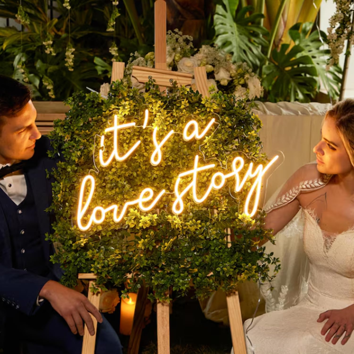 It's a Love Story Neon Schild, 16 x 11,8 Zoll Neon Hochzeitsschild mit Dimmschalter für Schminktisch Schlafzimmer Hochzeit Verlobung, Jahrestag, Valentinstag-Hintergrunddekoration (Warmweiß)