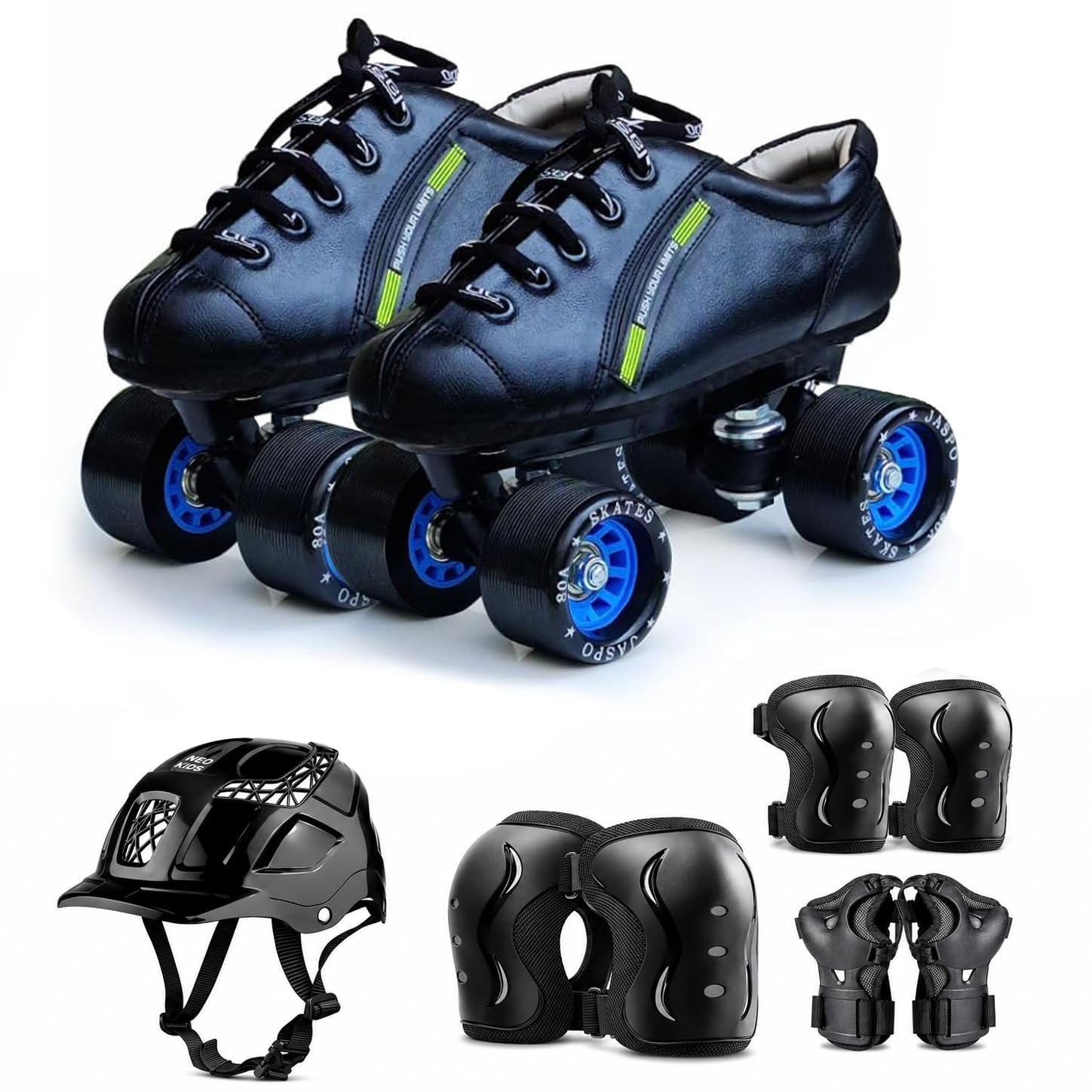 jaspo Hail Stone Pro Shoe Skate Size-7 UK Combo (Shoe Skates+ Helmet+Knee+Elbow+Wrist Guards) Foot Length 25.7 Cms (for Age Group 13-14 Years), Unisex, Speed_Wheel (Sky Blue)