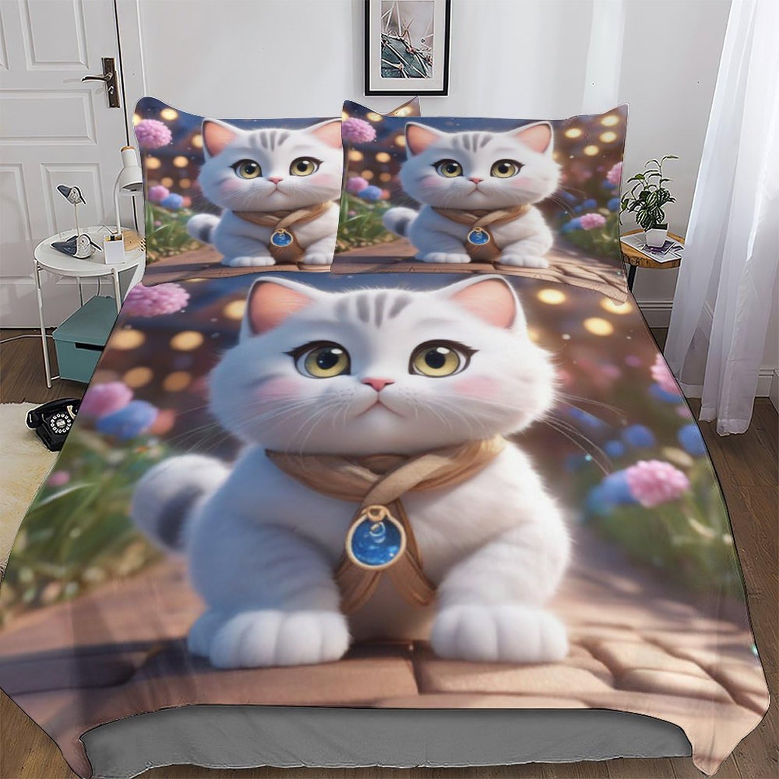 Housse de couette chat anti-plis en microfibre hypoallergénique pour grand lit