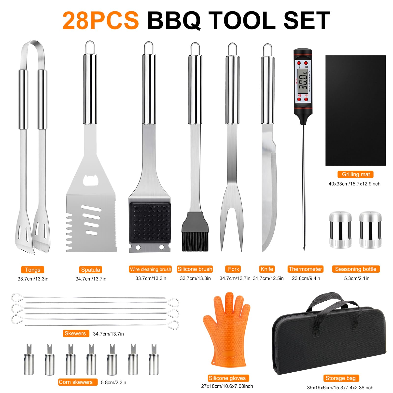 Set Barbecue 28 Pezzi Accessori in Acciaio Inox con Borsa e Guanti