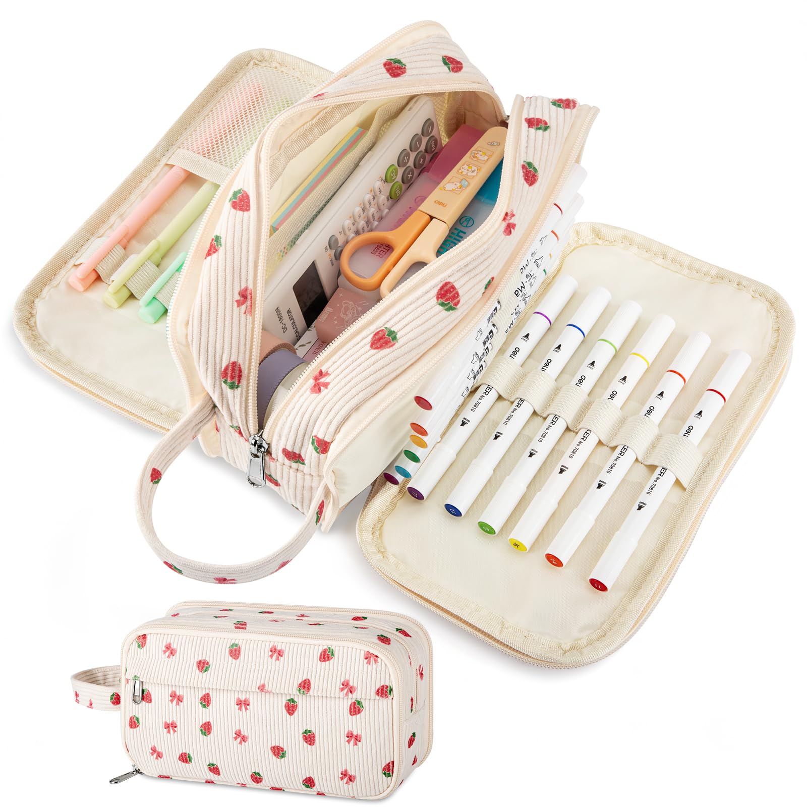 YILANCOL Cute Corduroy Pencil Case with Handle Extra Large 4 Compartments Multiple Pockets Aesthetic for Teenagers School College, Beige Strawberry Bow, L, Beige Strawberry Bow