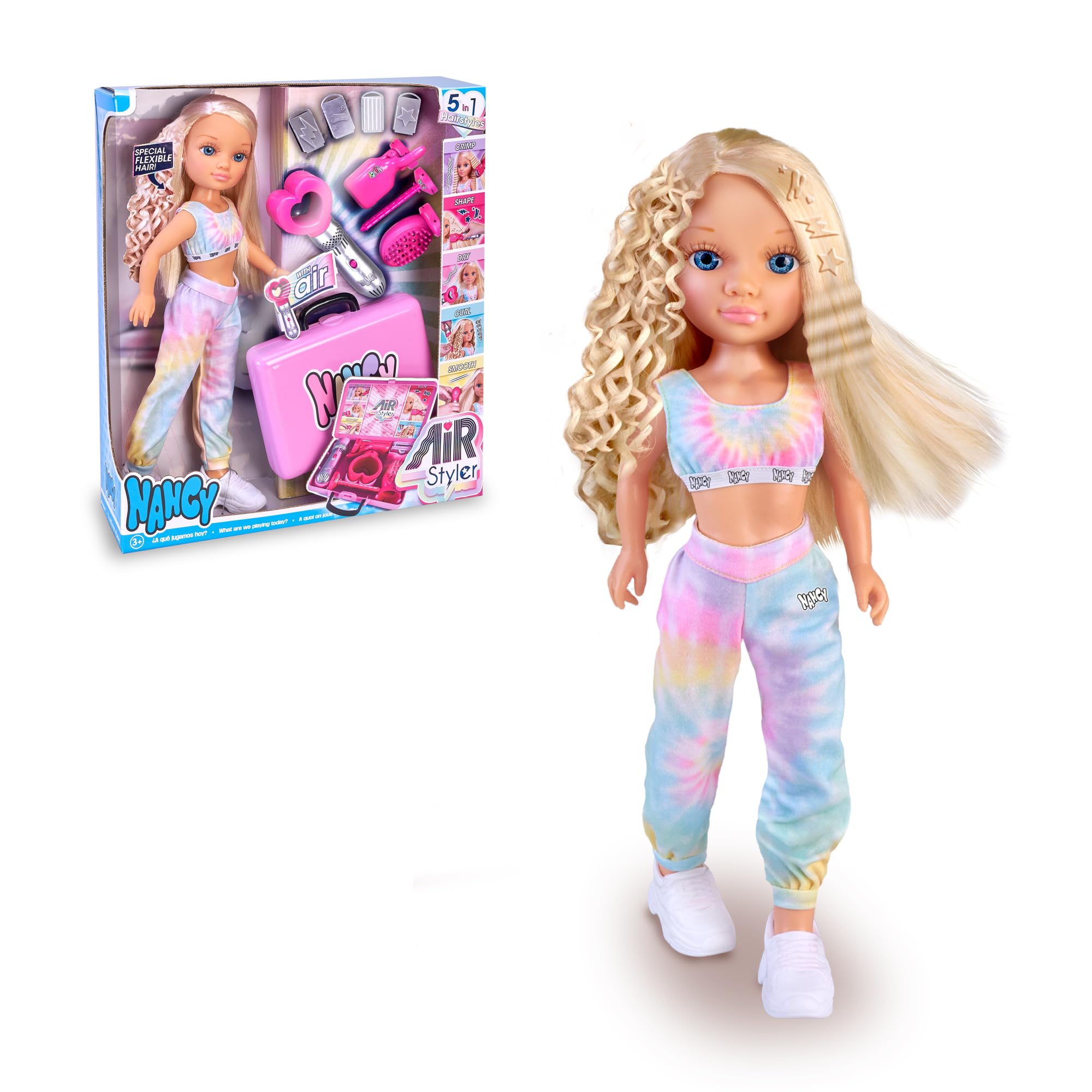 Nancy Air Styler, Muñeca con Herramienta de Belleza para Crear Peinados, Cinco Formas de Moldear el Pelo: Secar, Cepillar, Rizar, Alisar y Aplicar Formas, Cabello Flexible, +3 años, Famosa (NAC73000)