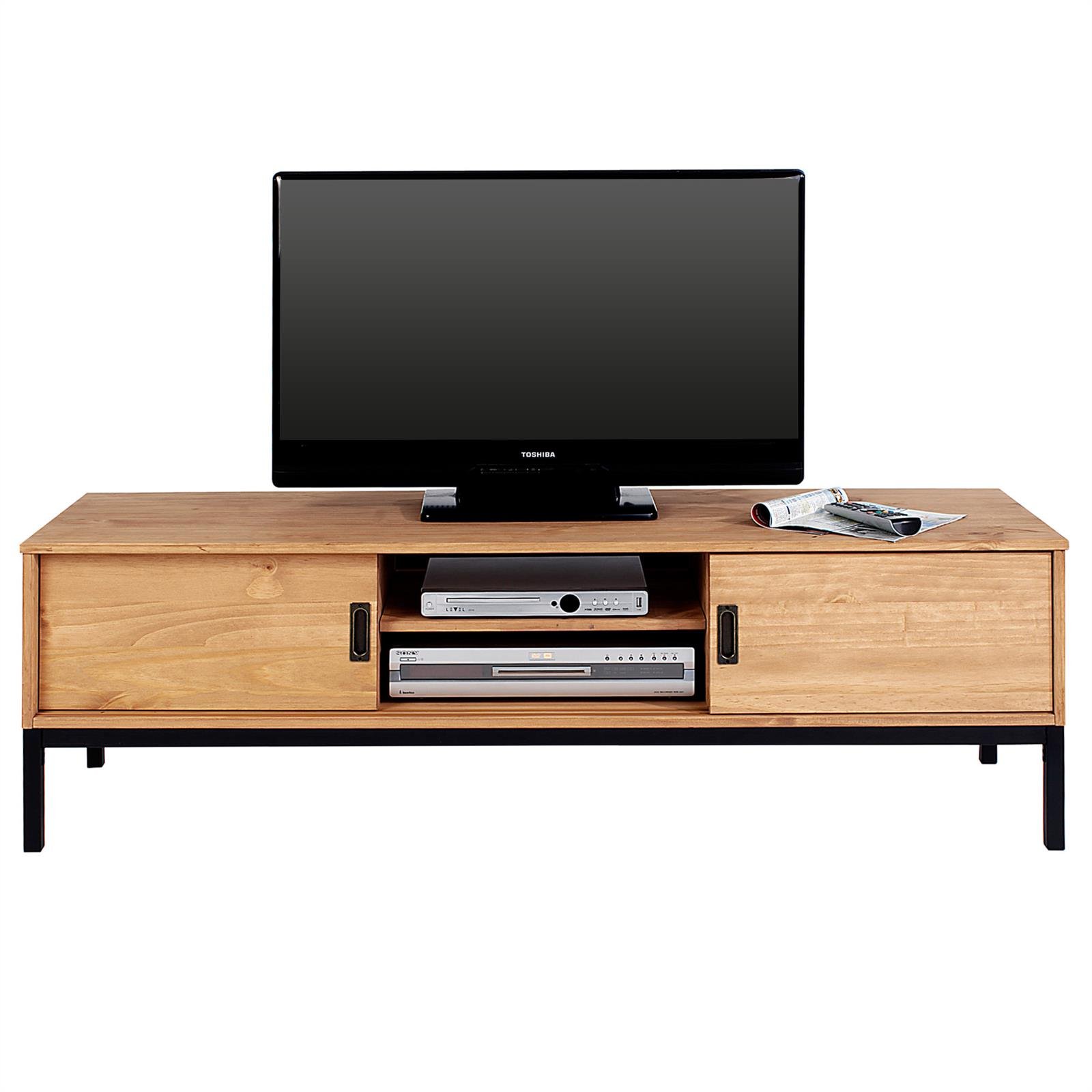 IDIMEX Lowboard TV Möbel Selma, Fernsehtisch Fernsehschrank im Industrial Design mit 2 Schiebetüren 1 offenes Fach, Kiefer massiv, gebeizt/gewachst
