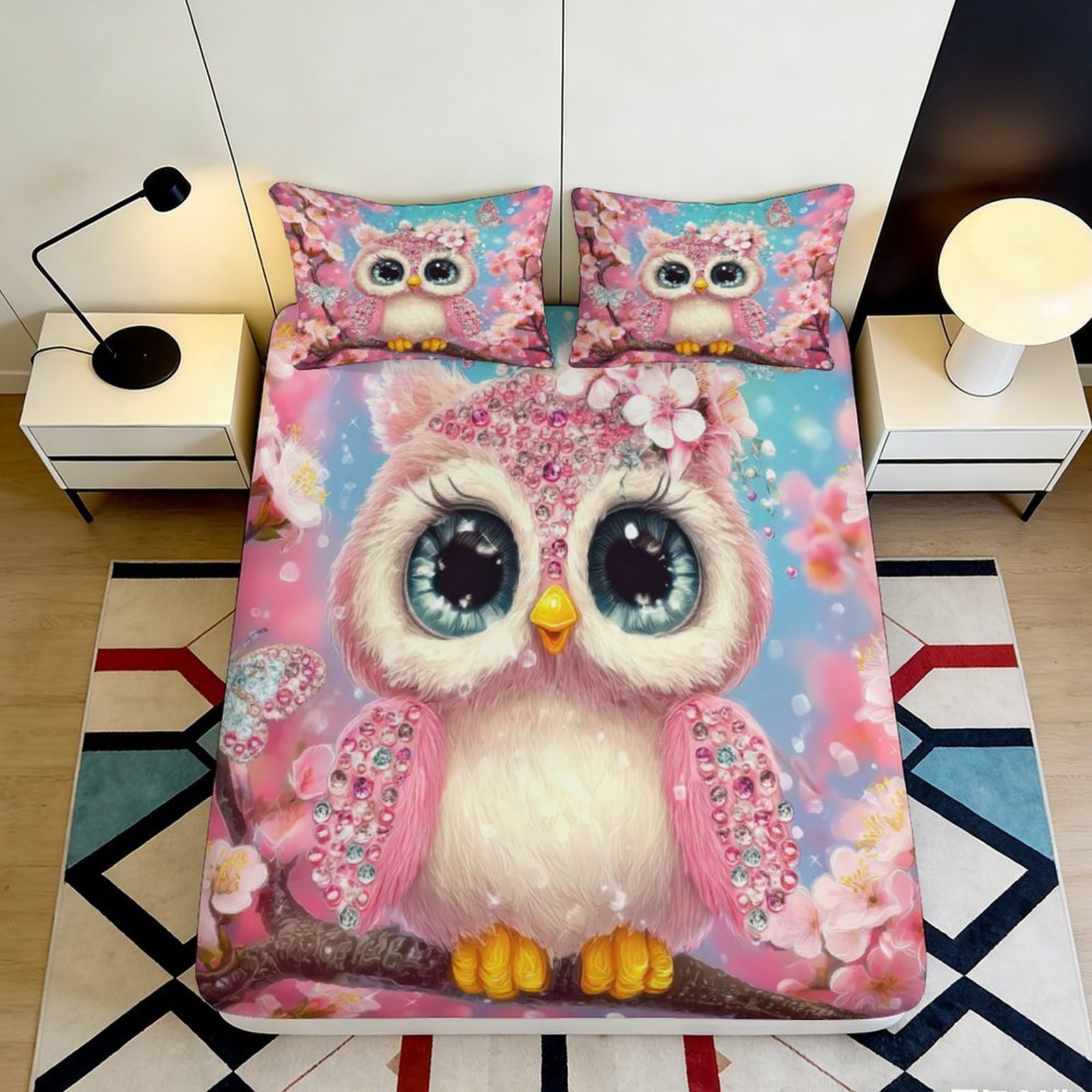 3D Printed Pink Owl Fitted Sheet Microfiber Soft Breathable Blossom Bed Cover for Bedroom Guest Room Decor 90x200x25cm