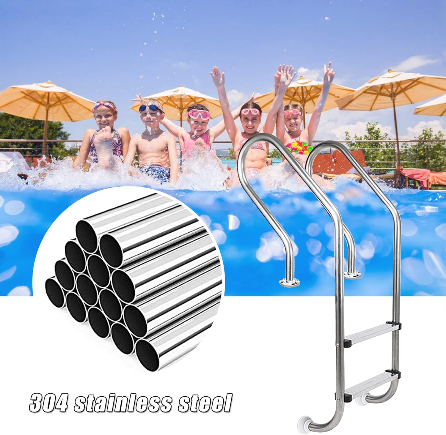 Pool Grab Rail 2 Step In-ground Swimming Pool Ladder, 304 Stainless Steel Polish, Non-Slip Pool Step Ladder with Easy Mount Legs, Weight Capability Max 440 lbs Safety Products