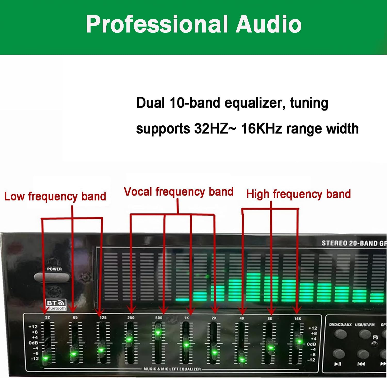Equalizzatore Digitale EQ a 31 Bande, EQ Grafico Stereo Audio Digitale, con riduzione del Rumore, 12 Motivi ritmici, per Auto, Festa, Camera da Letto, casa