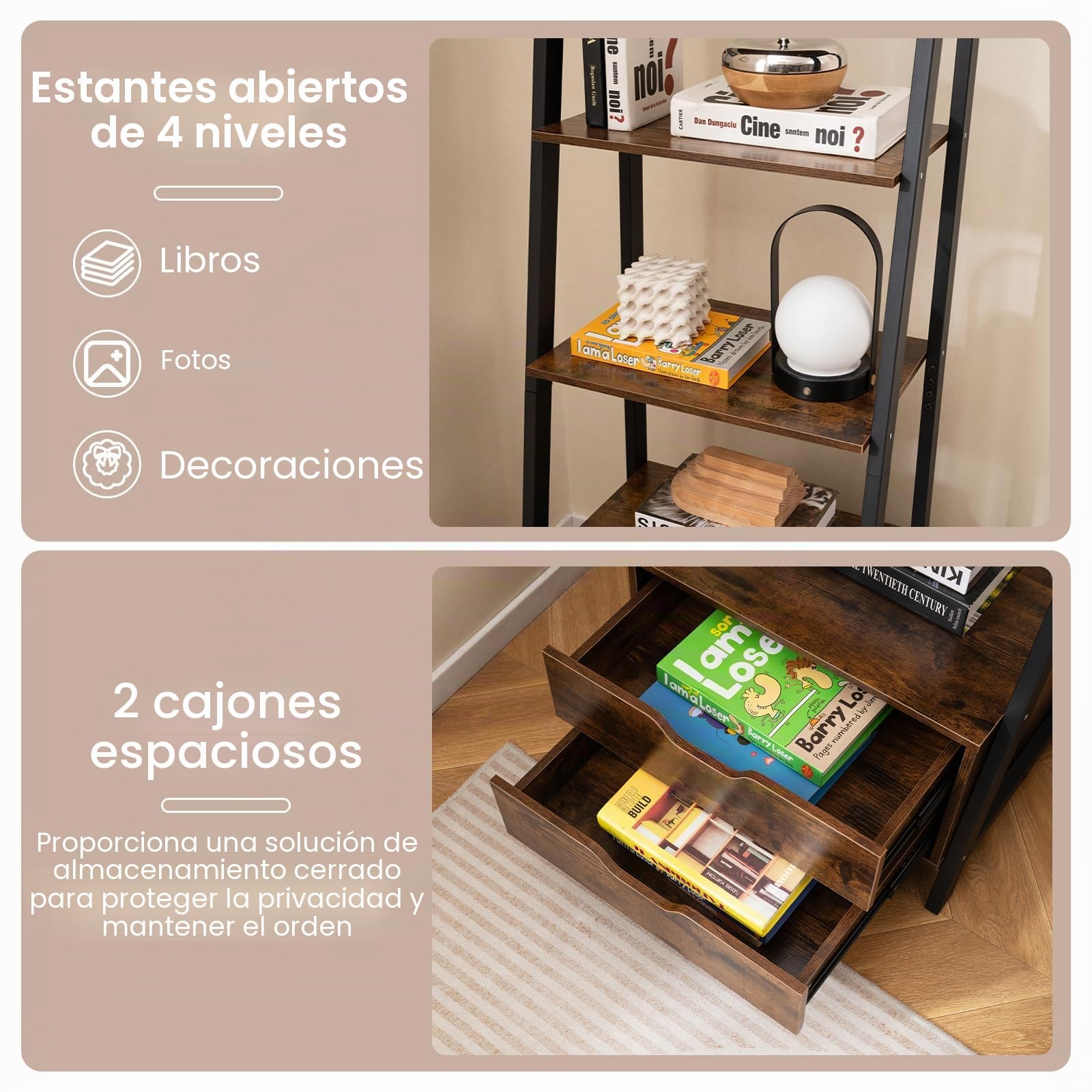HOMASIS Librería Escalera de Madera con Patas, Estantería Mural con 2 Cajones, Mueble de Almacenamiento con Estantes Escalonados para Dormitorio, Salón, Despacho, 52 x 40 x 134 cm (Marrón)