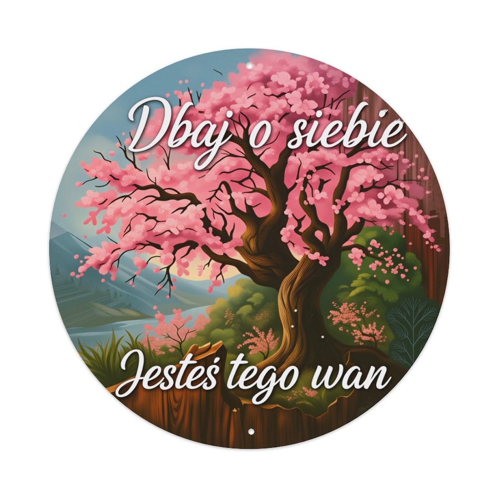 Cherry Blossom Tree Landscape Round Tin Sign Retro Metal Sign for Cafe Bar Pub Home Game Room Gym Club Wall Decoration Vintage Metal Poster 8x8 Inch