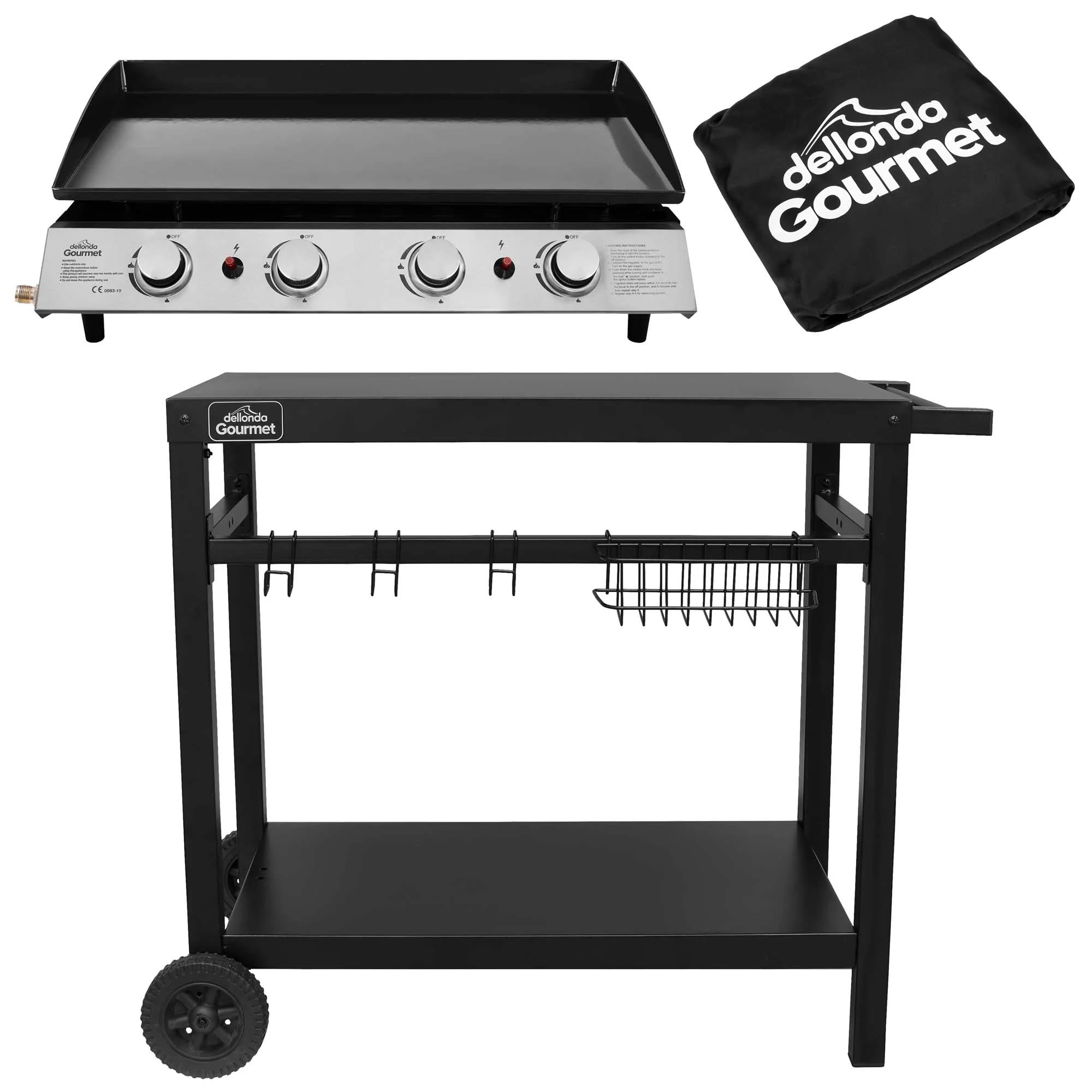 Dellonda 4 Burner Portable Gas Plancha 10kW BBQ Griddle, Stainless Steel, Supplied with Water Resistant Cover & Trolley - DG251
