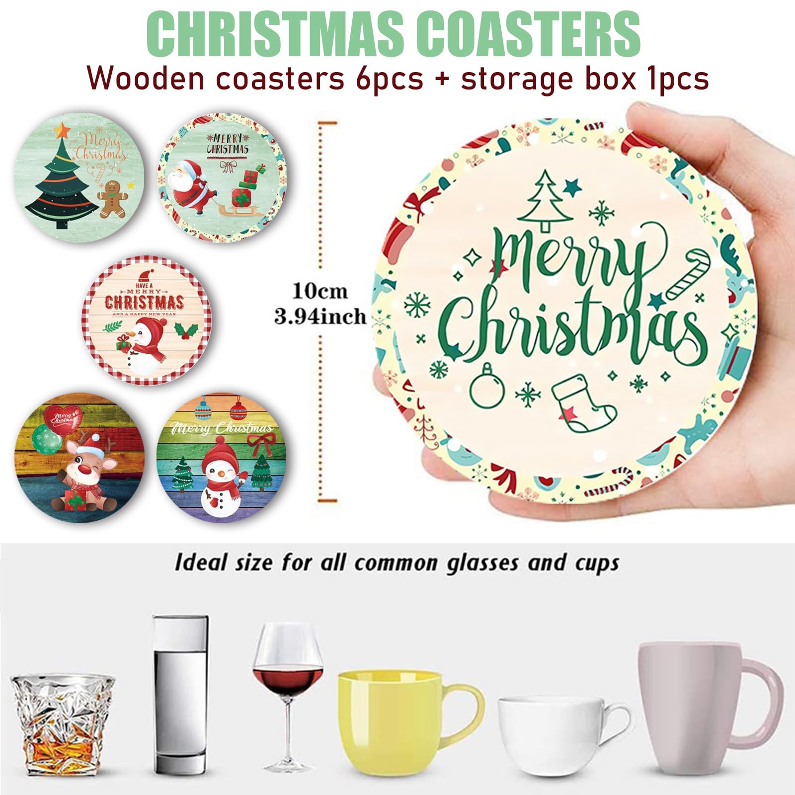 HTTDSLF Set of 6 Coasters, Wooden Coasters for Drinks Wood Coasters, Coasters with Holder and Cork Base - Image 2