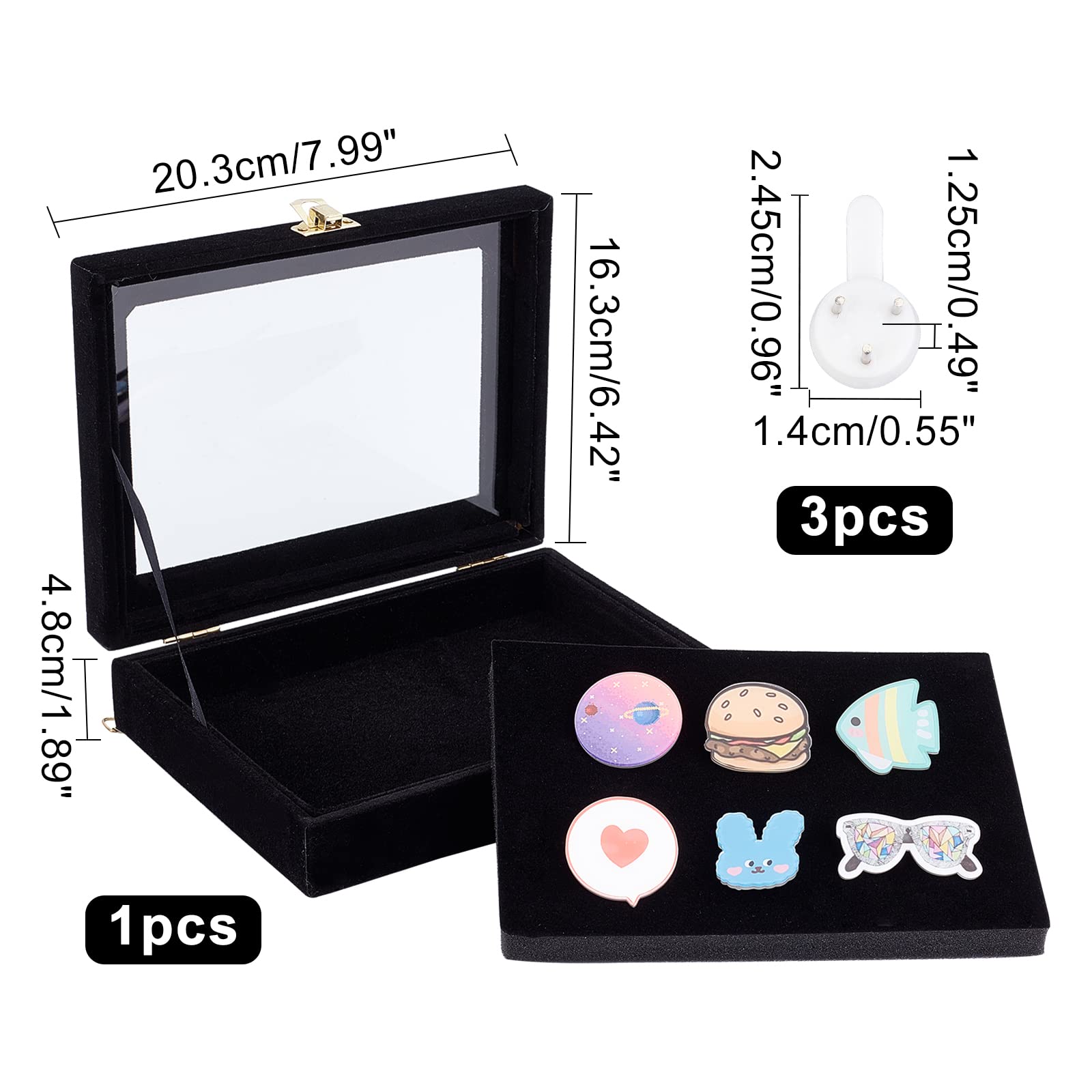 NBEADS Wood Pin Display Case Black, 8x6.4 inch Velvet Pad Badge Display Case Brooch Glass Top Collection Display Case Table Top Display Case Jewelry Display Case for Collectibles, Home organization