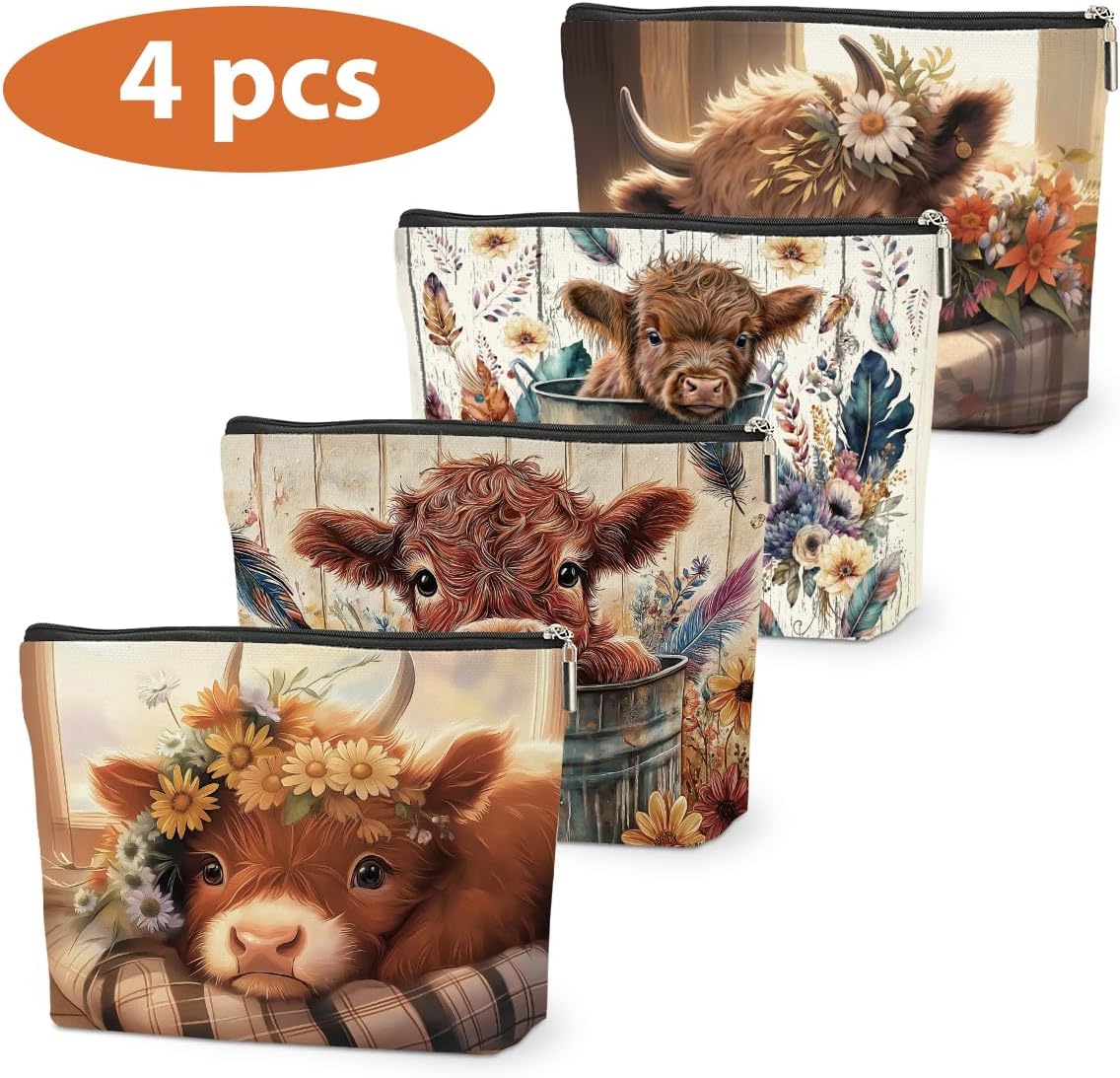 4 PCs Highland Cow Makeup Bag Cow Print Stuff Highland Cow Gifts Cosmetic Bag, Western Gifts for Women Scottish Girls Best Friends Coworkers, Cute Cow Stuff Christmas birthday Gifts Zipper Pouch - Image 3