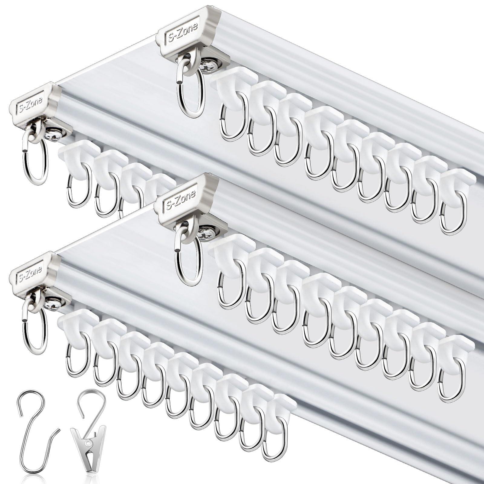 Juexica 2 Set Ceiling Curtain Double Track Set 3ft-6.5ft/2 Meter White Double Curtain Track Ceiling Mount Heavy Duty Room Divider Adjustable Length Rails with Clips Hooks End Hook