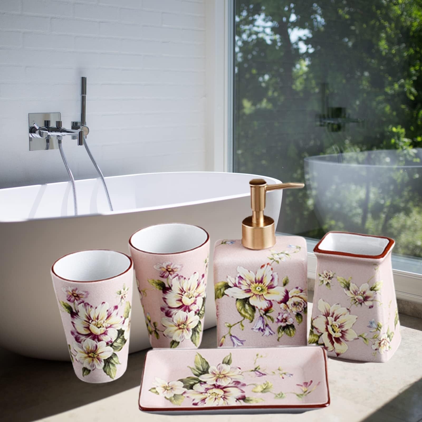 Set di accessori per il bagno Inclusi 1 portaspazzolino, 2 bicchieri for gargarismi, portasapone, dispenser for lozione, 5 pezzi Arredamento per gli affittuari(Pink)