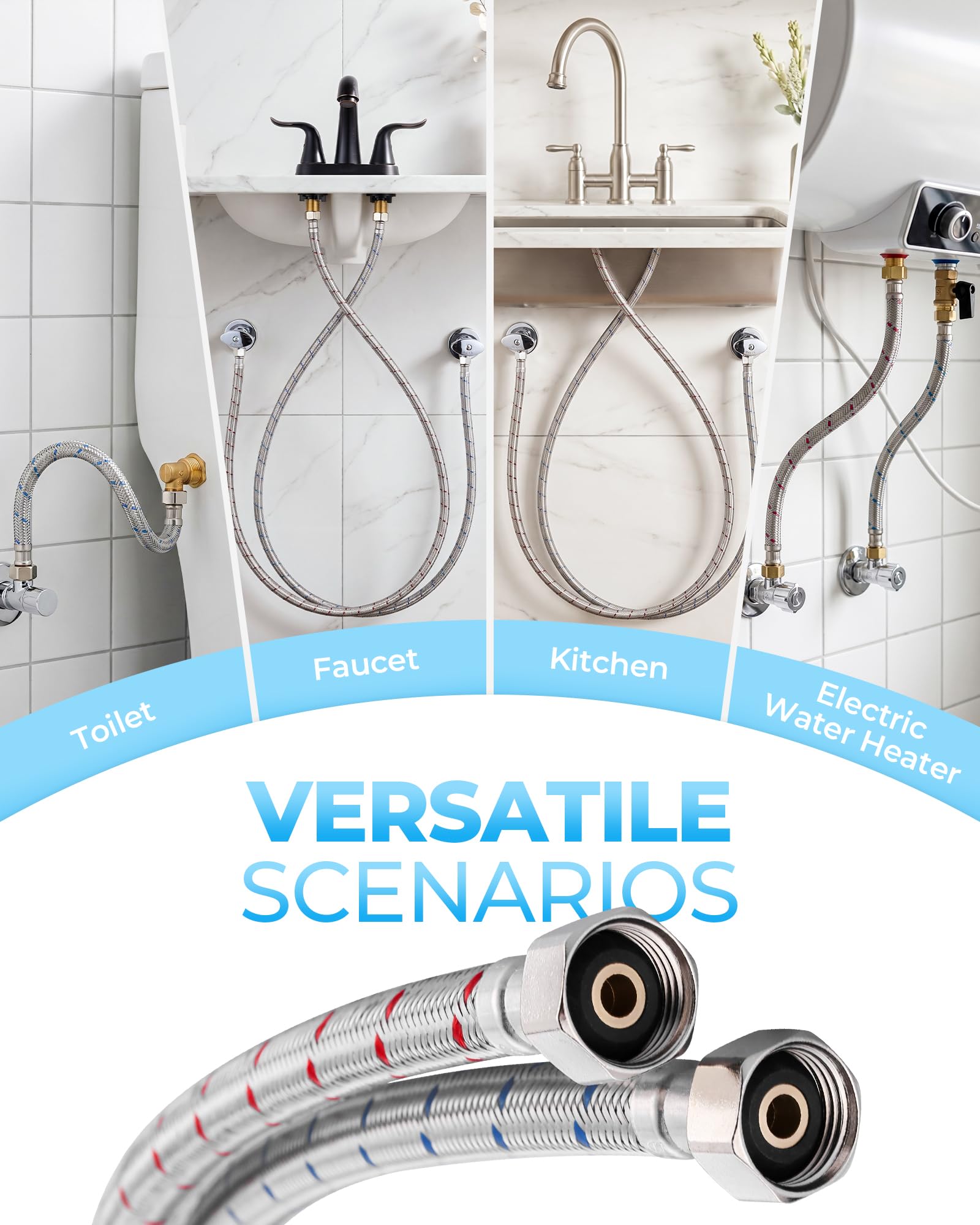 Conduites d'alimentation de robinet de 182,9 cm : connecteur de tuyau flexible tressé en acier inoxydable – Compression de 0,95 cm x 1,27 cm – Conduites d'alimentation en eau FIP pour robinet