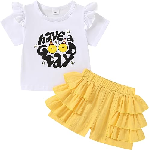 Happy Town Baby Girl Clothes Summer T-shirt Layered Ruffles Shorts Set Toddler O