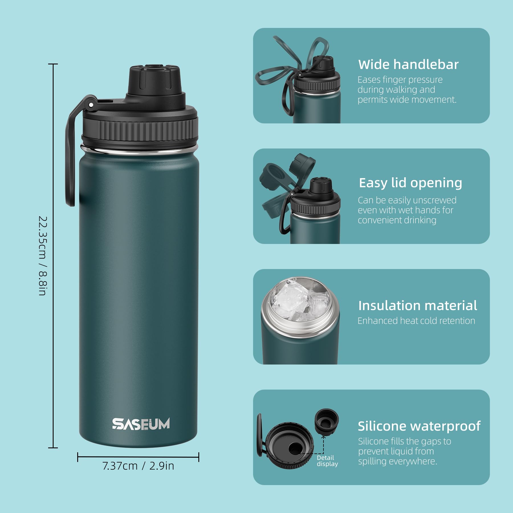SASEUM Botella de agua de acero inoxidable de 17 oz para niños con aislamiento de botellas deportivas reutilizables a prueba de fugas para la escuela
