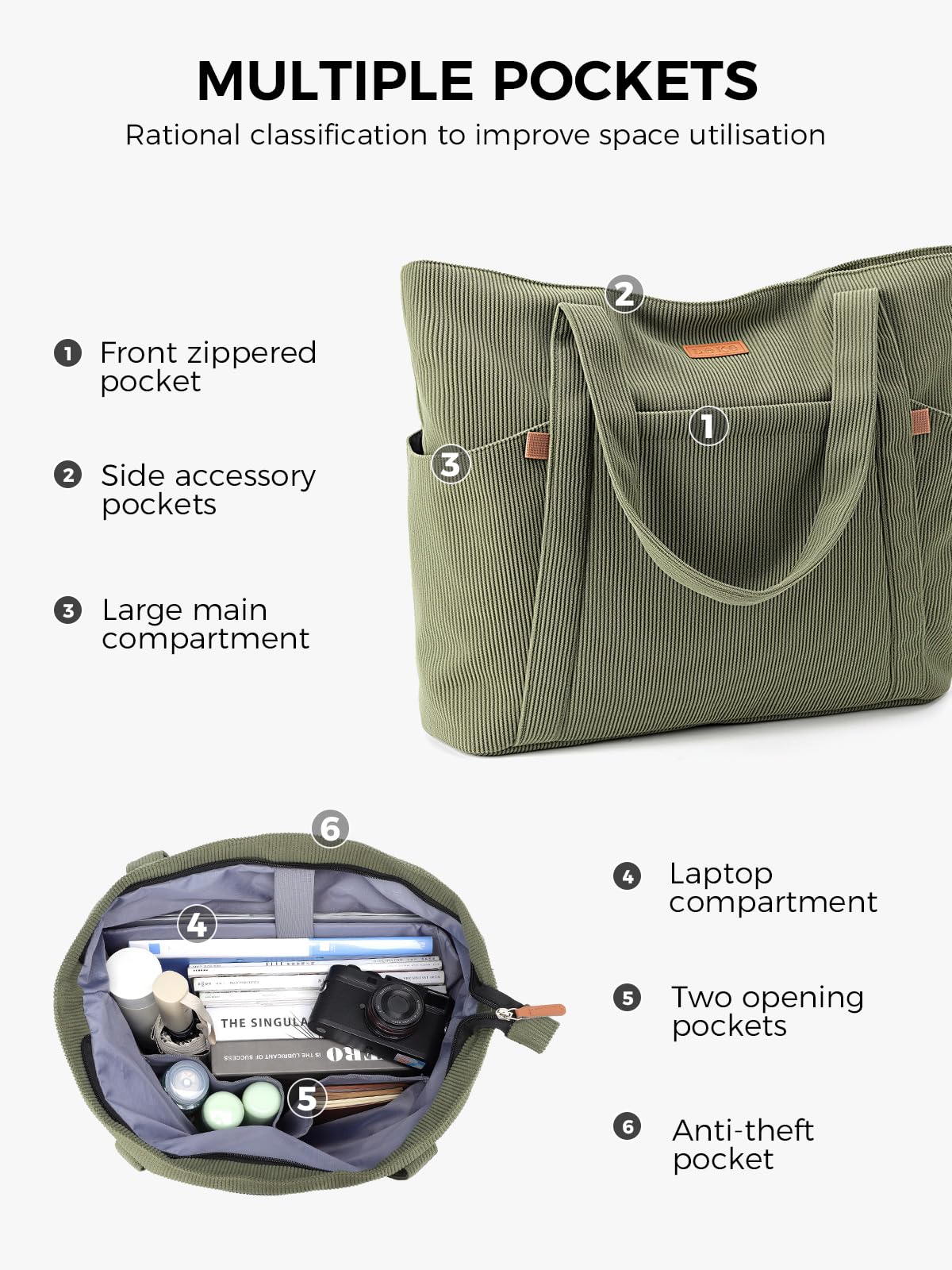 Cord Tasche Damen, Groß Tote Bag Strandtasche mit Reißverschluss, Shopper Tasche Damen Laptoptasche mit 17 Zoll Laptopfach, Elegant Handtasche Umhängetasche für Arbeit Schule Gym-Grün