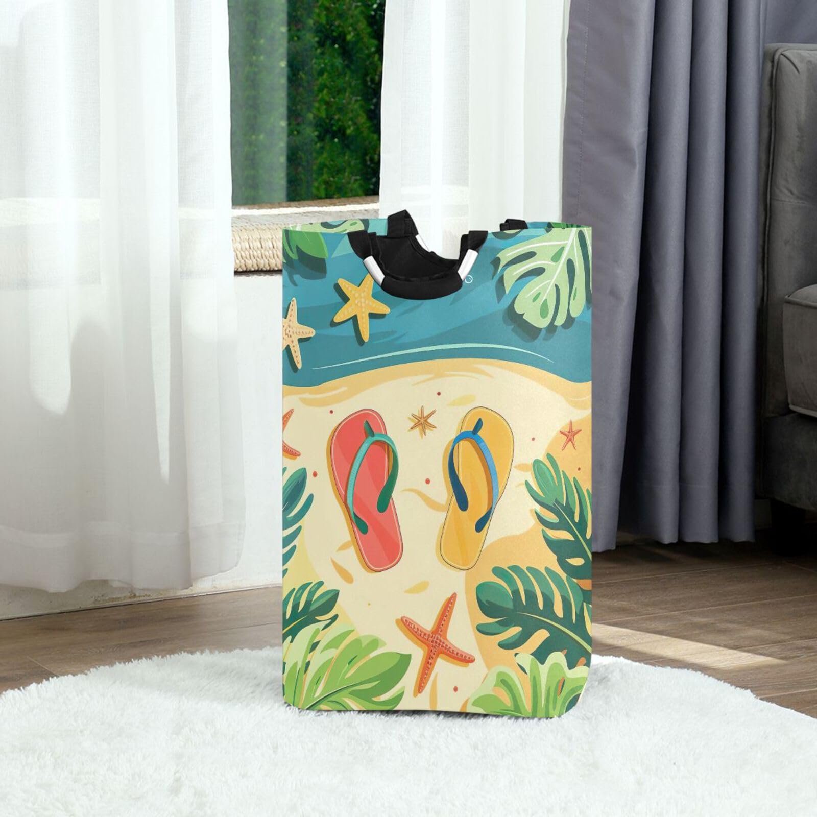 Jihqo Laundry Hamper Basket Beach Flip-flops Pattern Collapsible Nursery Storage Bin Waterproof Clothing Baskets for Home Bedroom Bathroom Washing Room