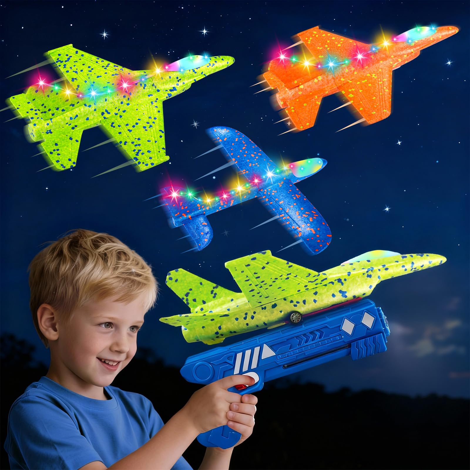 3 Pack Airplane Launcher Toys, 13.2 inch LED Foam 2025 J-15 Fighter Jet ＆ Glider Catapult Plane for Boys, Flying Toys Birthday Halloween for Boys Girls 4 5 6 7 8 9 10 11 12 Year Old