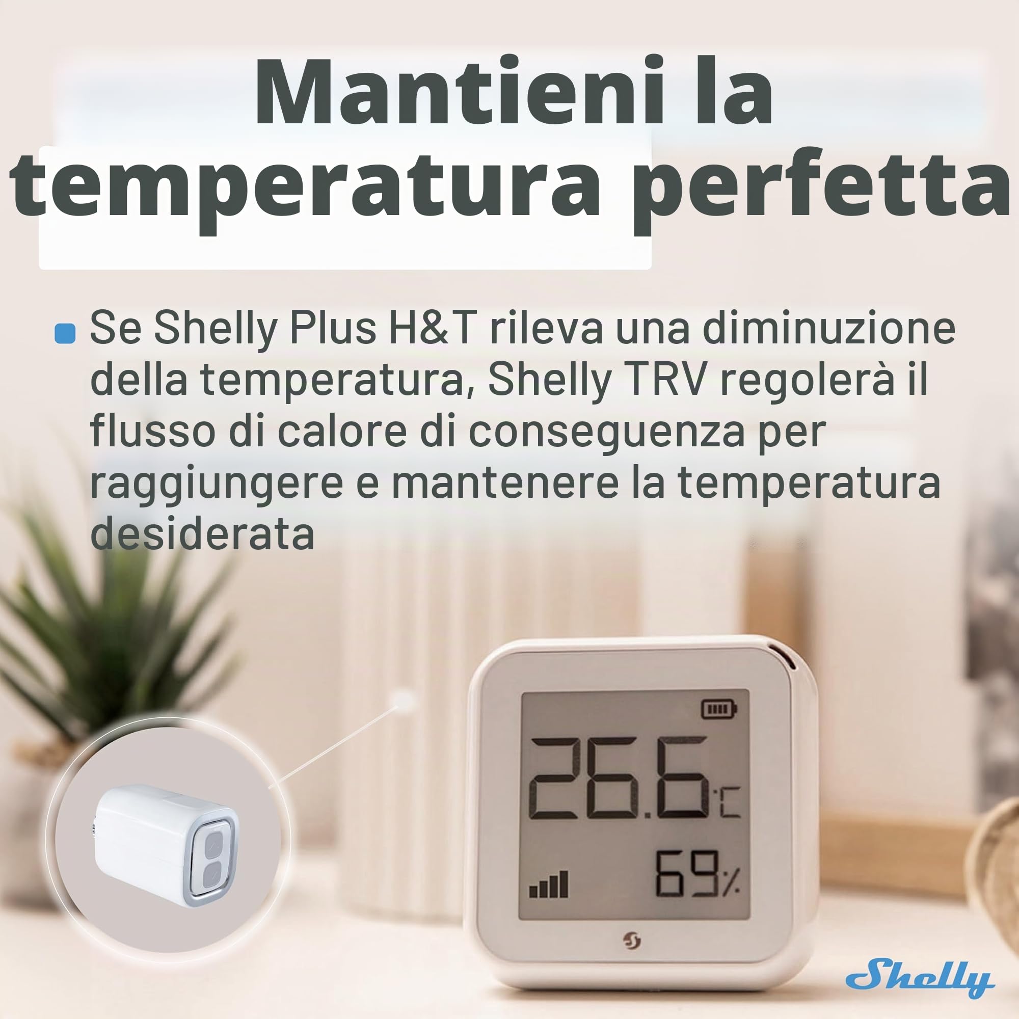 Shelly Plus H&T - Sensore di umidità e temperatura Wi-Fi & Bluetooth, Termometro e Igrometro, Casa intelligente, Compatible con Alexa e Google home, App iOS Android