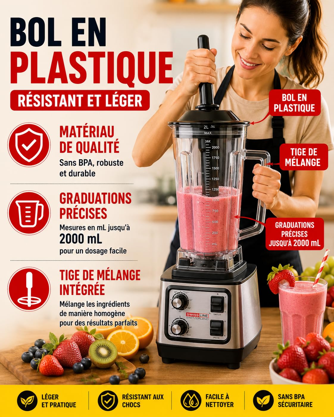 Swiss Line - Batidora profesional de 2,0 L, batidora multifunción con cuenco graduado, cuchillas inox, ajuste de velocidad y pulso, para batidos, salsas, purés, sopas frías y helado picado