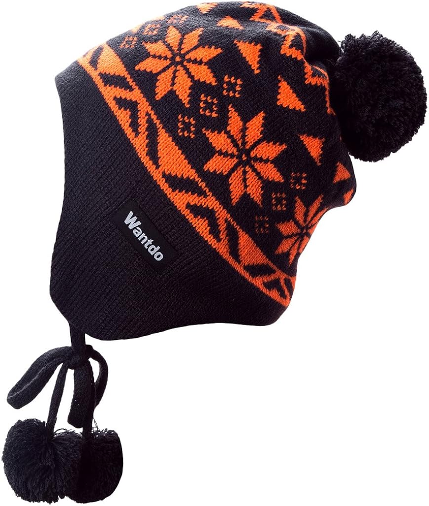 Wantdo Unisex Knitted Hat Crochet Snowflake Pattern Beanie Cap with Pom Pom